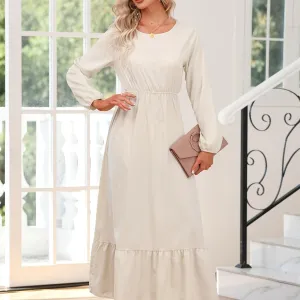 Casual Long Sleeve Solid Elastic Waist Ruffle Hem Party Dress for Women