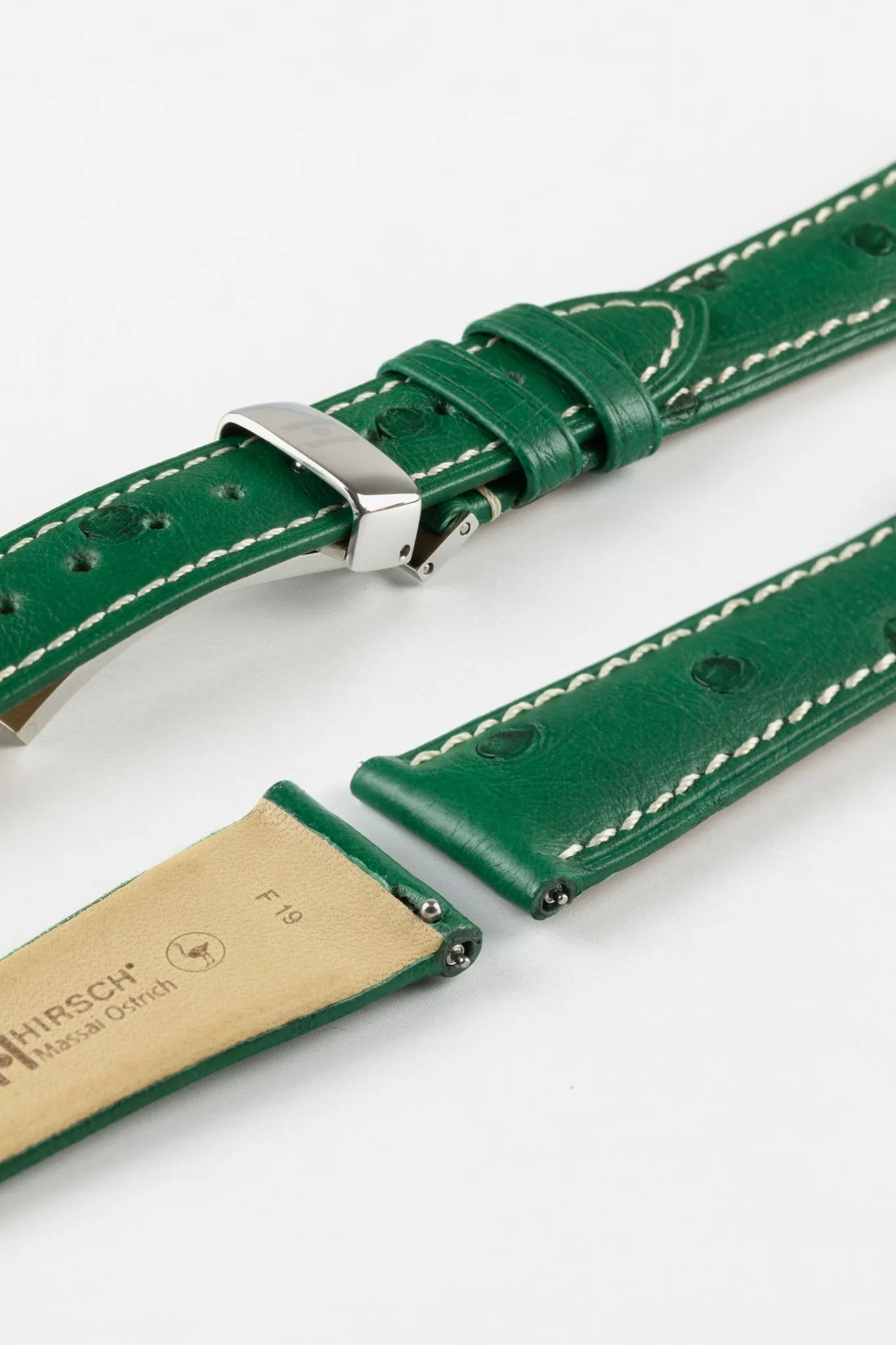Hirsch MASSAI OSTRICH Leather Watch Strap in GREEN With WHITE Stitching